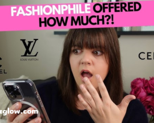 A surprised woman holding a smartphone with logos of Chanel, Louis Vuitton, and Celine around her. The text above her reads "Fashionphile offered how much?!" in bold pink and black lettering.