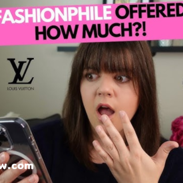 A surprised woman holding a smartphone with logos of Chanel, Louis Vuitton, and Celine around her. The text above her reads "Fashionphile offered how much?!" in bold pink and black lettering.