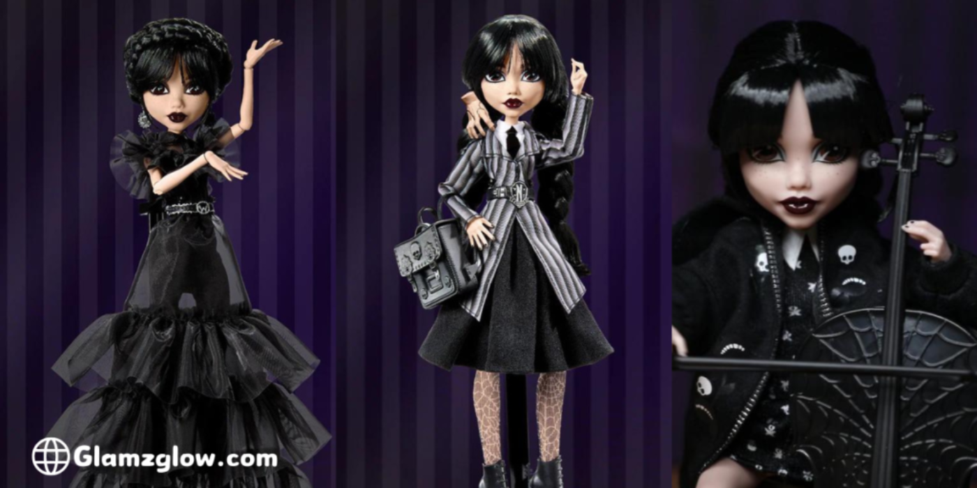 Three dolls dressed in gothic attire inspired by Wednesday Addams, showcasing different fashion styles on a dark striped background.