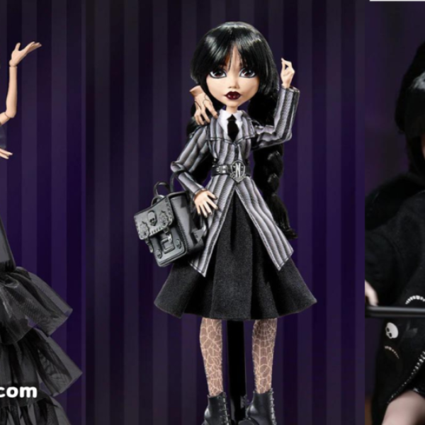 Three dolls dressed in gothic attire inspired by Wednesday Addams, showcasing different fashion styles on a dark striped background.