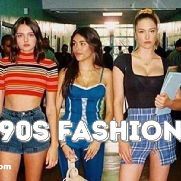 Four young women standing in a hallway wearing 90s fashion, including crop tops, denim shorts, a corset top, plaid skirt, and a mini skirt. The words "90s Fashion" are prominently displayed on the image.