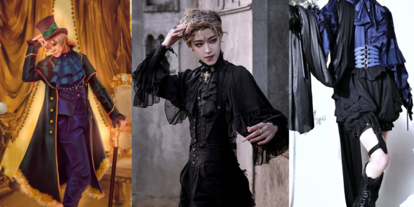 A collage of three individuals wearing ouji fashion outfits. The first is a character in a purple and gold-tailed coat with a top hat, exuding a Victorian-inspired royal elegance. The second is a person dressed in a black ensemble with a ruffled blouse and a corset, topped off with a crown, conveying a gothic and aristocratic look. The third features a figure in an elaborate dark and blue outfit, with a belted waist and ruffled shorts, showing off a more modern and edgy interpretation of ouji fashion.