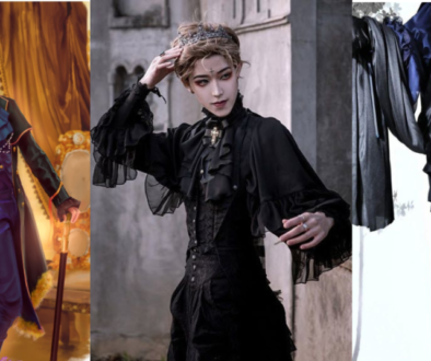 A collage of three individuals wearing ouji fashion outfits. The first is a character in a purple and gold-tailed coat with a top hat, exuding a Victorian-inspired royal elegance. The second is a person dressed in a black ensemble with a ruffled blouse and a corset, topped off with a crown, conveying a gothic and aristocratic look. The third features a figure in an elaborate dark and blue outfit, with a belted waist and ruffled shorts, showing off a more modern and edgy interpretation of ouji fashion.