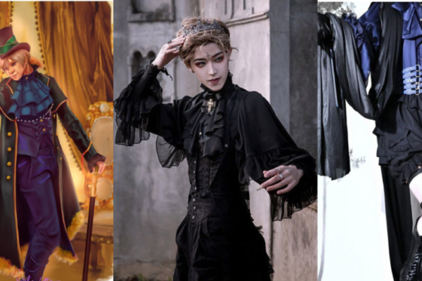 A collage of three individuals wearing ouji fashion outfits. The first is a character in a purple and gold-tailed coat with a top hat, exuding a Victorian-inspired royal elegance. The second is a person dressed in a black ensemble with a ruffled blouse and a corset, topped off with a crown, conveying a gothic and aristocratic look. The third features a figure in an elaborate dark and blue outfit, with a belted waist and ruffled shorts, showing off a more modern and edgy interpretation of ouji fashion.