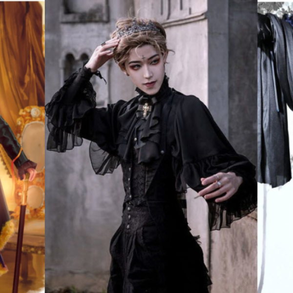 A collage of three individuals wearing ouji fashion outfits. The first is a character in a purple and gold-tailed coat with a top hat, exuding a Victorian-inspired royal elegance. The second is a person dressed in a black ensemble with a ruffled blouse and a corset, topped off with a crown, conveying a gothic and aristocratic look. The third features a figure in an elaborate dark and blue outfit, with a belted waist and ruffled shorts, showing off a more modern and edgy interpretation of ouji fashion.