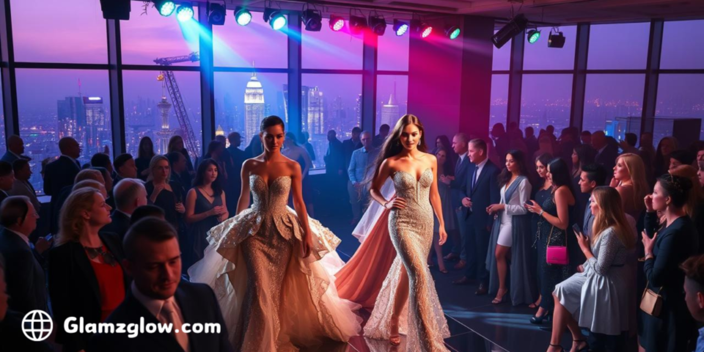 Two models in glamorous evening gowns walking the runway at a high-end fashion event with a city skyline visible through large windows in the background.