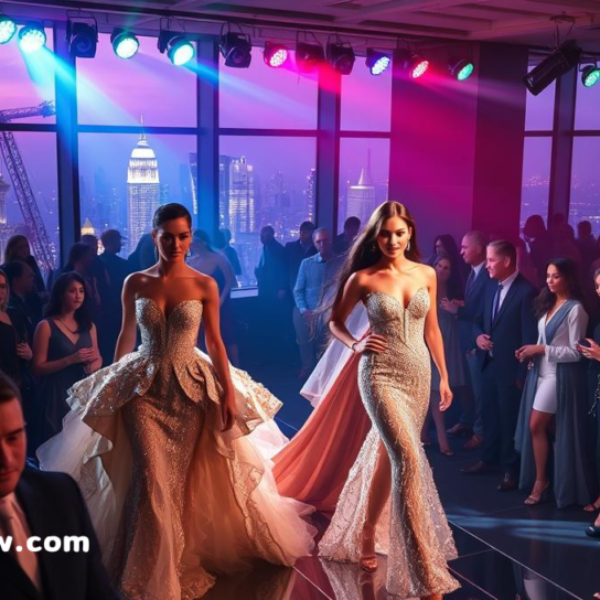 Two models in glamorous evening gowns walking the runway at a high-end fashion event with a city skyline visible through large windows in the background.