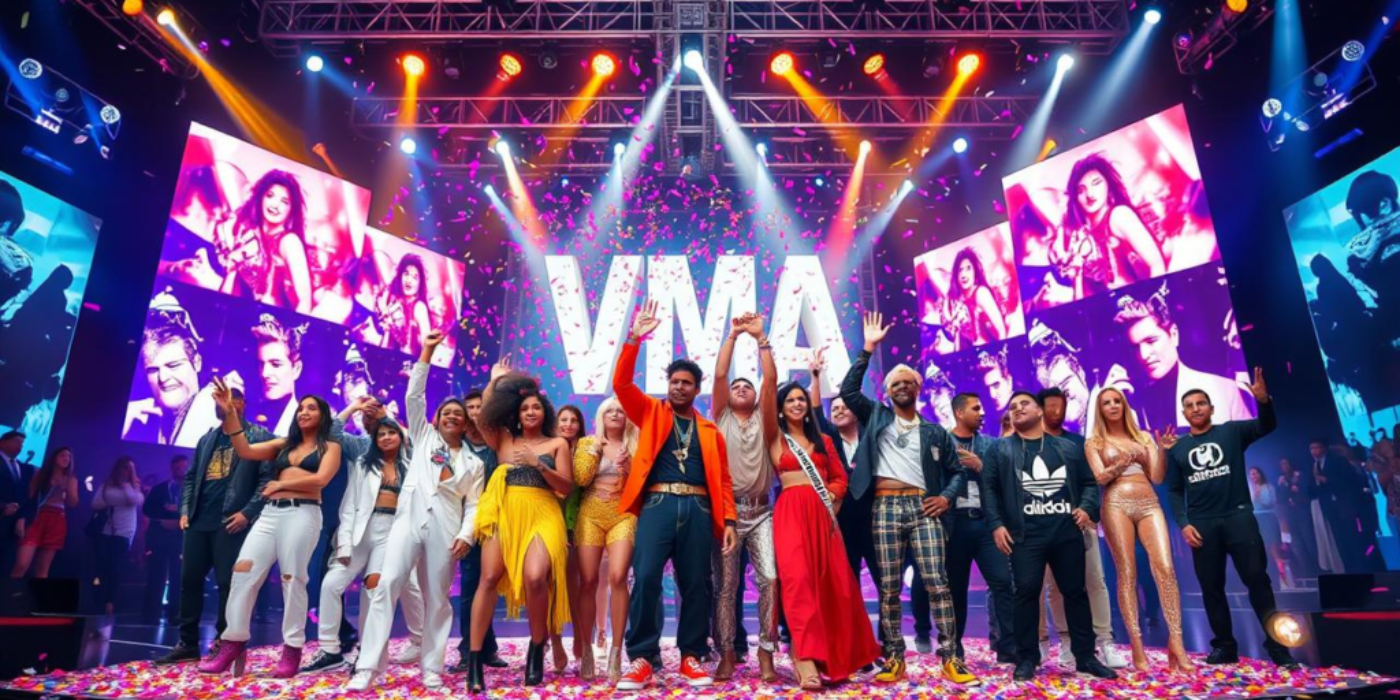 A vibrant and dynamic scene depicting a glittering stage filled with bright lights and colorful spotlights, showcasing a diverse group of musicians celebrating their VMA wins, adorned in stylish outfits reflecting various music genres, with celebratory confetti falling around them and a backdrop of towering screens displaying iconic music imagery.