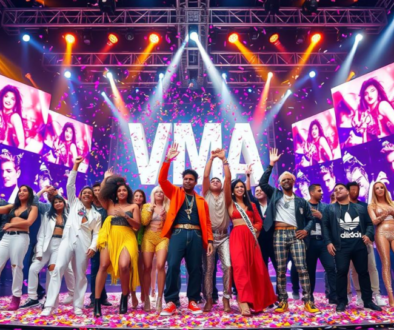 A vibrant and dynamic scene depicting a glittering stage filled with bright lights and colorful spotlights, showcasing a diverse group of musicians celebrating their VMA wins, adorned in stylish outfits reflecting various music genres, with celebratory confetti falling around them and a backdrop of towering screens displaying iconic music imagery.