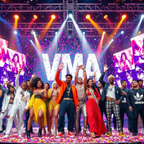 A vibrant and dynamic scene depicting a glittering stage filled with bright lights and colorful spotlights, showcasing a diverse group of musicians celebrating their VMA wins, adorned in stylish outfits reflecting various music genres, with celebratory confetti falling around them and a backdrop of towering screens displaying iconic music imagery.