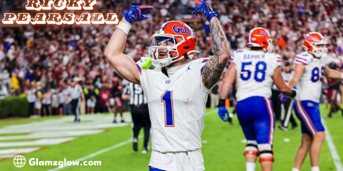 Ricky Pearsall celebrating on the football field during a game, wearing a Florida Gators uniform with number 1.