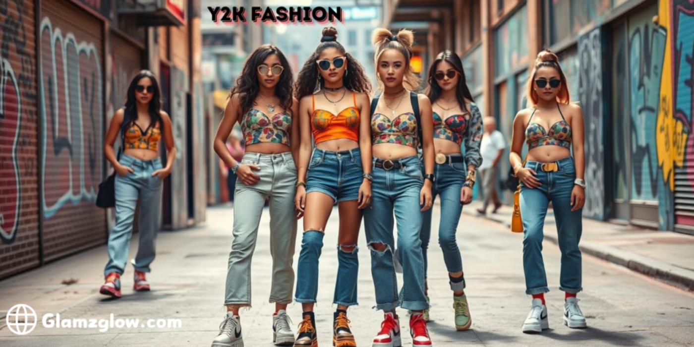 Group of stylish young women wearing colorful Y2K-inspired outfits, including crop tops and jeans, walking confidently in an urban alleyway with graffiti-covered walls.