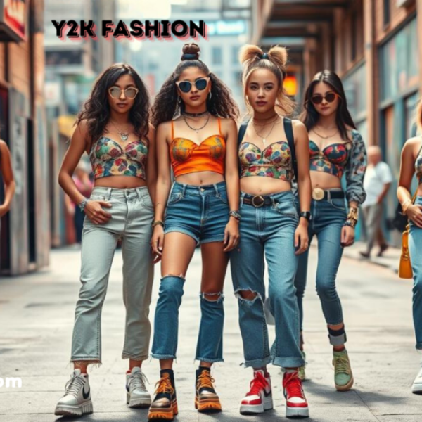 Group of stylish young women wearing colorful Y2K-inspired outfits, including crop tops and jeans, walking confidently in an urban alleyway with graffiti-covered walls.