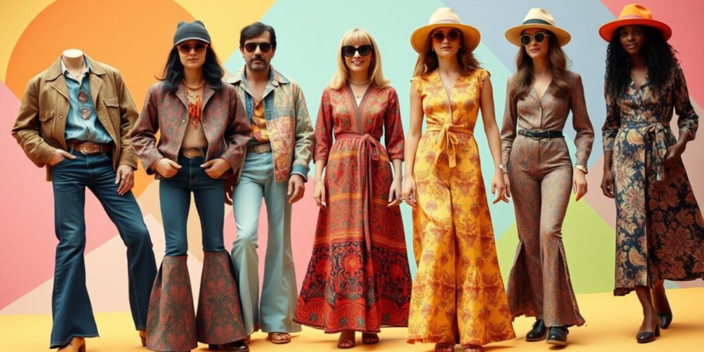 A vibrant 1970s fashion scene featuring an array of colorful, patterned clothes; bell-bottom jeans, oversized jackets, and flowing maxi dresses in bold prints; accessories like wide-brimmed hats, large sunglasses, and chunky jewelry; a retro-inspired background with groovy geometric shapes and pastel colors.