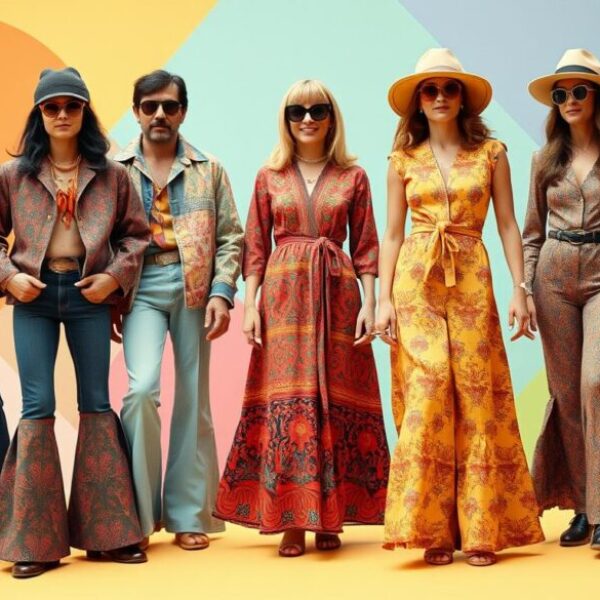 A vibrant 1970s fashion scene featuring an array of colorful, patterned clothes; bell-bottom jeans, oversized jackets, and flowing maxi dresses in bold prints; accessories like wide-brimmed hats, large sunglasses, and chunky jewelry; a retro-inspired background with groovy geometric shapes and pastel colors.