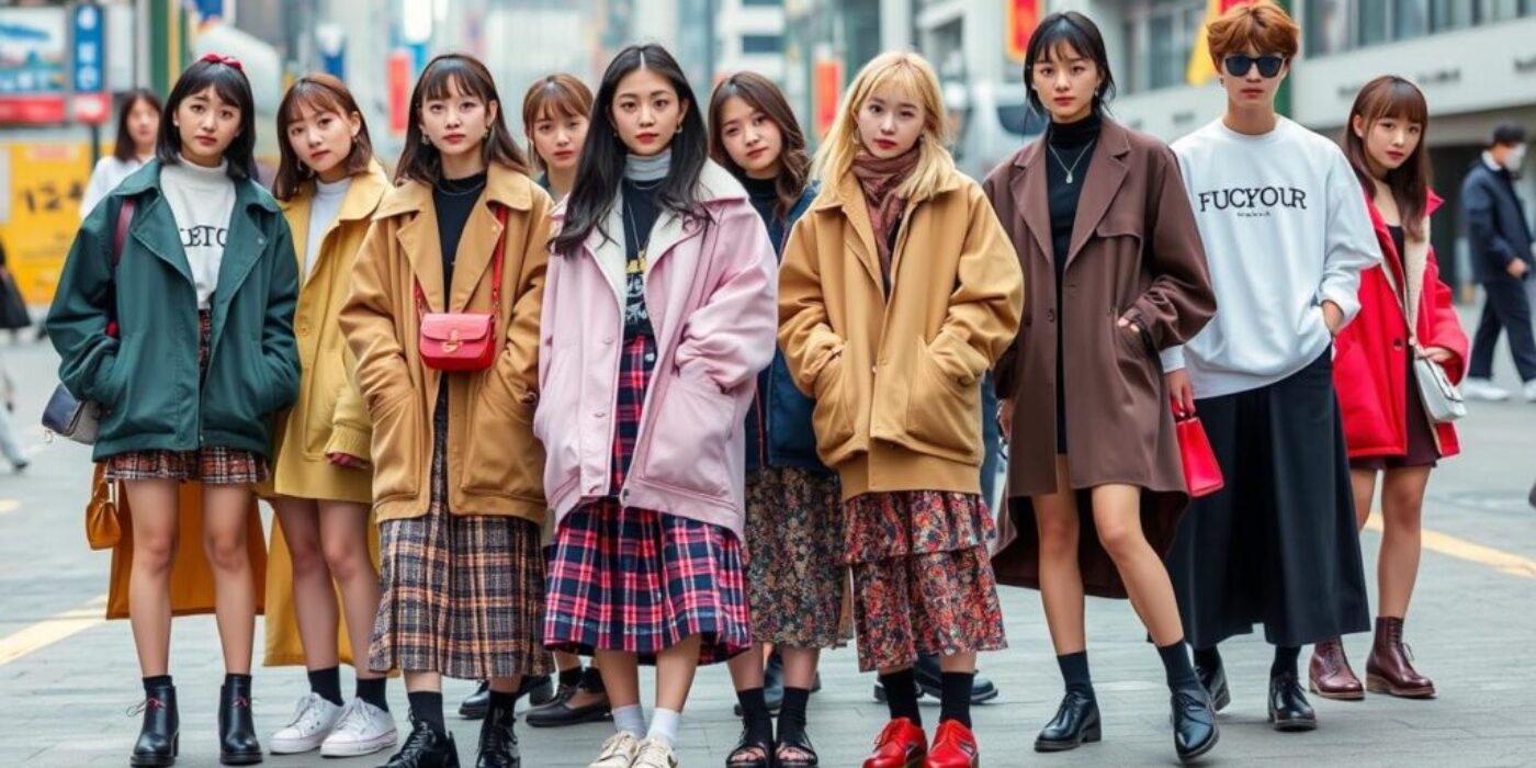 Trendy Korean fashion scene, showcasing diverse outfits: stylish oversized jackets, layered skirts, chic accessories, vibrant colors, urban street style backdrop, modern aesthetics, youthful energy.