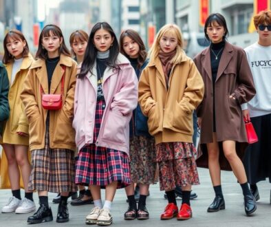 Trendy Korean fashion scene, showcasing diverse outfits: stylish oversized jackets, layered skirts, chic accessories, vibrant colors, urban street style backdrop, modern aesthetics, youthful energy.