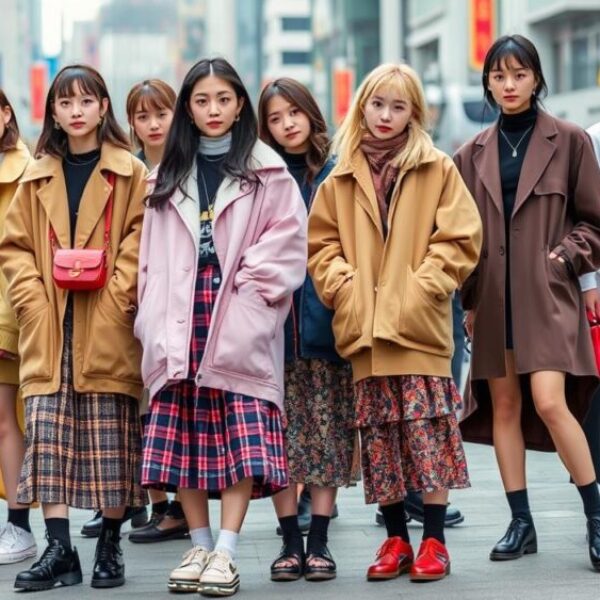 Trendy Korean fashion scene, showcasing diverse outfits: stylish oversized jackets, layered skirts, chic accessories, vibrant colors, urban street style backdrop, modern aesthetics, youthful energy.