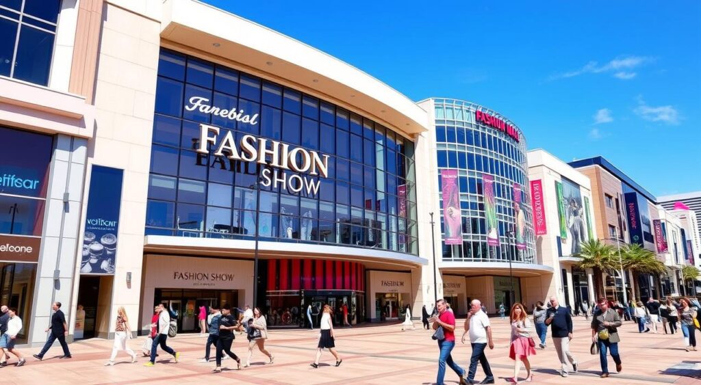 A vibrant and bustling scene of the Fashion Show Mall in Las Vegas, showcasing its iconic architecture and expansive glass facade, surrounded by stylish shoppers and luxurious storefronts, colorful banners, and a sunny blue sky, reflecting the energetic atmosphere of a premier shopping destination.