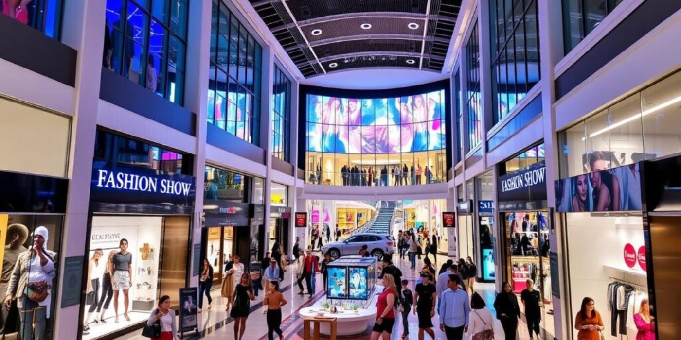 A vibrant and bustling interior of the Fashion Show Mall in Las Vegas, with stylish shoppers exploring high-end retail stores, modern architecture featuring sleek lines and large windows, luxury fashion displays, and colorful storefronts, all illuminated by bright lights and an inviting atmosphere.