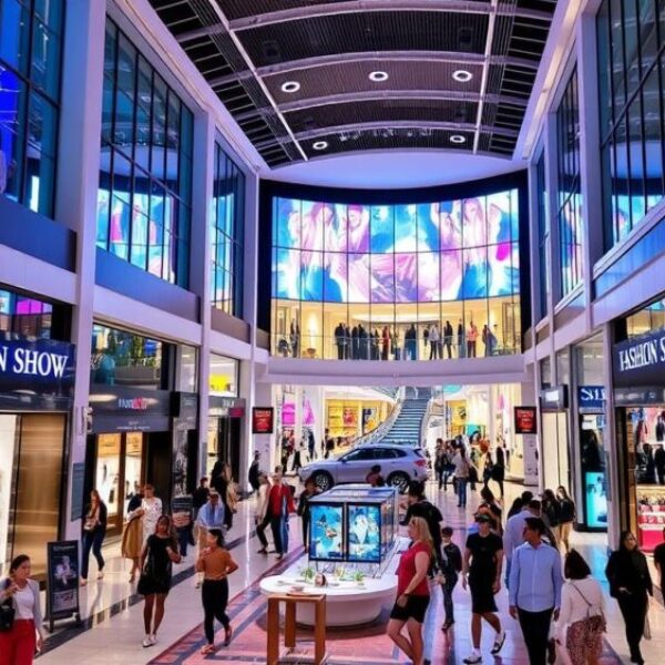 A vibrant and bustling interior of the Fashion Show Mall in Las Vegas, with stylish shoppers exploring high-end retail stores, modern architecture featuring sleek lines and large windows, luxury fashion displays, and colorful storefronts, all illuminated by bright lights and an inviting atmosphere.