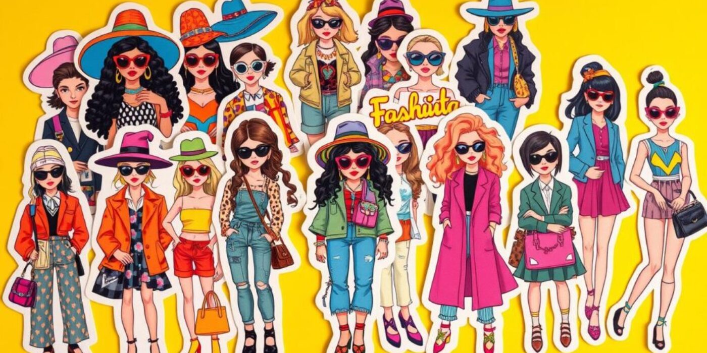 A vibrant collection of fashionista stickers showcasing diverse styles, featuring bold patterns, unique accessories, and varied silhouettes, including elements like oversized hats, chic sunglasses, layered outfits, and colorful handbags, all set against a playful background that highlights personal expression and creativity.