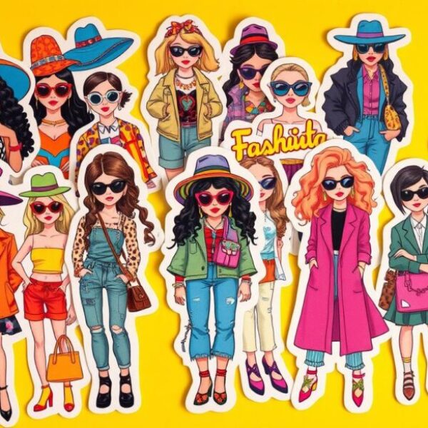 A vibrant collection of fashionista stickers showcasing diverse styles, featuring bold patterns, unique accessories, and varied silhouettes, including elements like oversized hats, chic sunglasses, layered outfits, and colorful handbags, all set against a playful background that highlights personal expression and creativity.