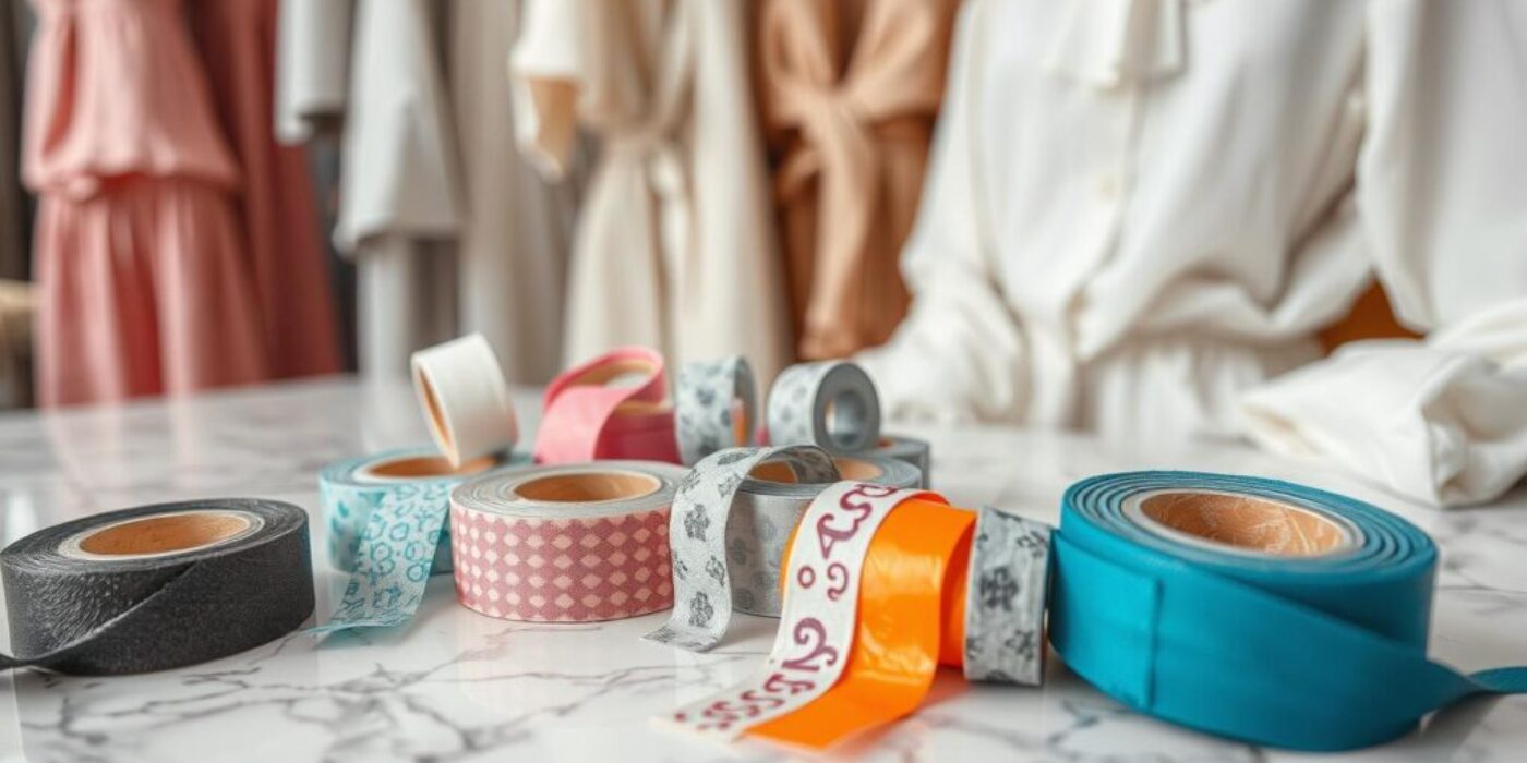 A close-up of stylish fashion tape rolls in a chic, modern setting, showcasing various colors and patterns, elegantly arranged on a marble surface with soft lighting, surrounded by fashionable clothing items like dresses and blouses, highlighting its versatility as a styling accessory.