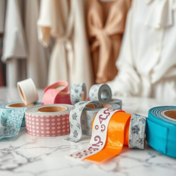 A close-up of stylish fashion tape rolls in a chic, modern setting, showcasing various colors and patterns, elegantly arranged on a marble surface with soft lighting, surrounded by fashionable clothing items like dresses and blouses, highlighting its versatility as a styling accessory.