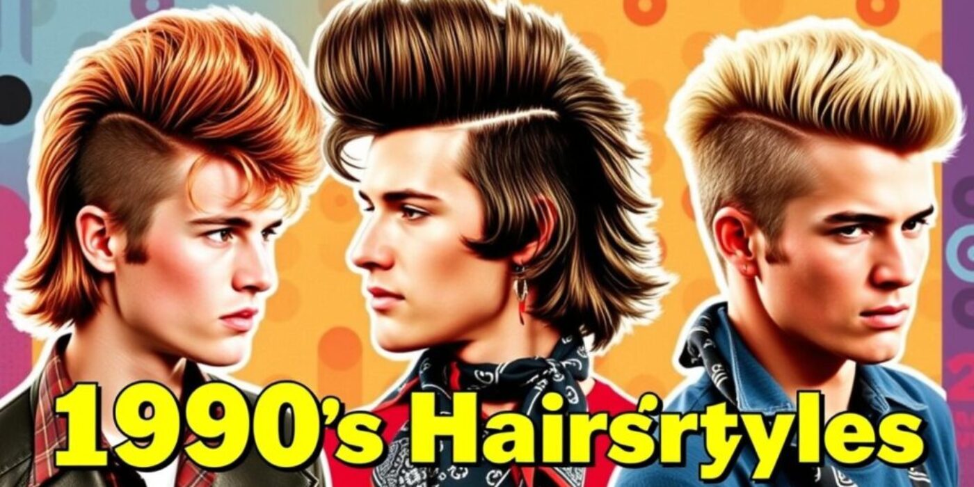 "1980s men's hairstyles collage, featuring mullets, pompadours, and side parts, vibrant colors and bold textures, vintage accessories like bandanas and scrunchies, retro patterns in the background, high-energy atmosphere"