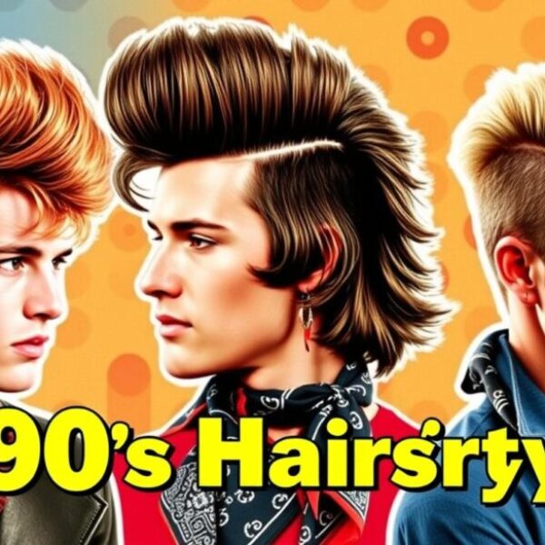 "1980s men's hairstyles collage, featuring mullets, pompadours, and side parts, vibrant colors and bold textures, vintage accessories like bandanas and scrunchies, retro patterns in the background, high-energy atmosphere"