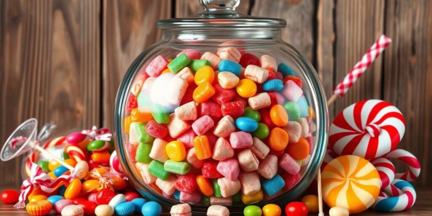 A large glass jar filled with colorful assorted candies sits on a wooden surface. The candies inside include chewy, sugar-coated, and hard varieties in bright shades of red, orange, yellow, green, blue, and pink. Some candies have spilled from the jar, and there are striped peppermint candies and other sweets surrounding the jar. The background is made of rustic wooden planks, adding a cozy, old-fashioned candy shop atmosphere to the image.