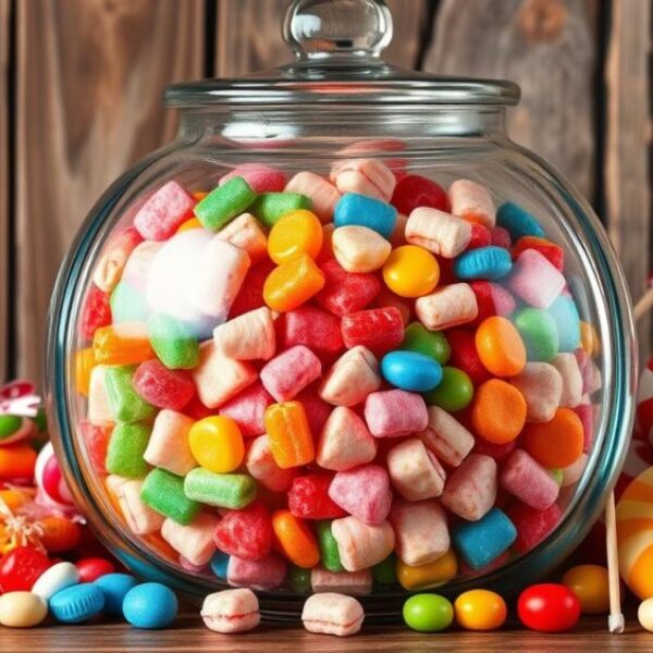 A large glass jar filled with colorful assorted candies sits on a wooden surface. The candies inside include chewy, sugar-coated, and hard varieties in bright shades of red, orange, yellow, green, blue, and pink. Some candies have spilled from the jar, and there are striped peppermint candies and other sweets surrounding the jar. The background is made of rustic wooden planks, adding a cozy, old-fashioned candy shop atmosphere to the image.