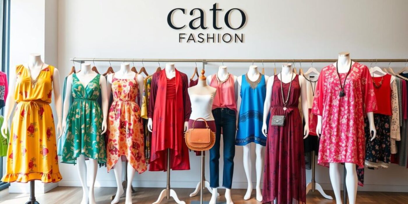 A stylish display of a diverse range of women's clothing from Cato Fashions, showcasing vibrant dresses, casual tops, and trendy accessories, arranged on elegant mannequins in a bright and modern boutique setting, with soft natural lighting highlighting the fabrics and colors.