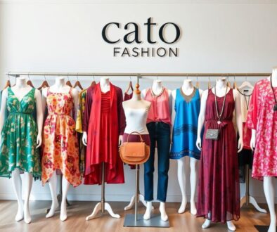 A stylish display of a diverse range of women's clothing from Cato Fashions, showcasing vibrant dresses, casual tops, and trendy accessories, arranged on elegant mannequins in a bright and modern boutique setting, with soft natural lighting highlighting the fabrics and colors.