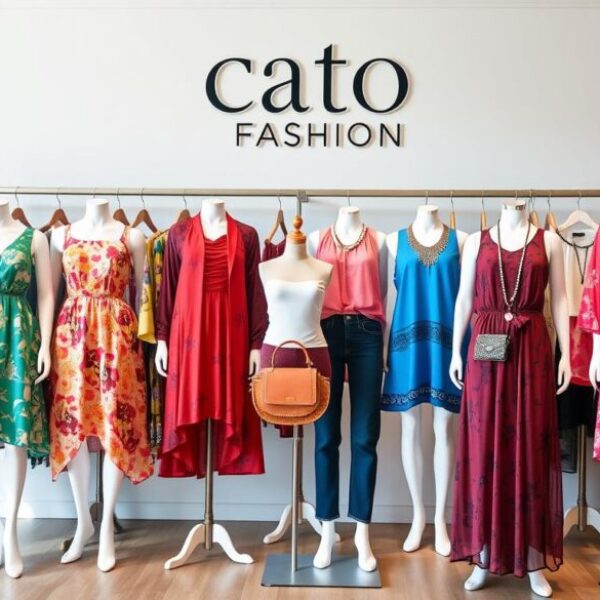 A stylish display of a diverse range of women's clothing from Cato Fashions, showcasing vibrant dresses, casual tops, and trendy accessories, arranged on elegant mannequins in a bright and modern boutique setting, with soft natural lighting highlighting the fabrics and colors.