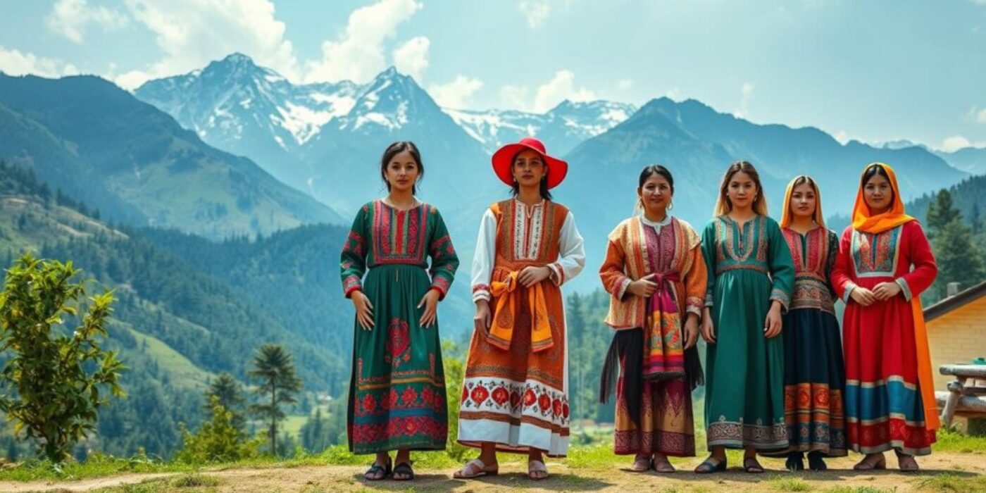 A vibrant scene showcasing traditional KPK dress, featuring intricate embroidery, bold colors, and diverse styles in a picturesque mountainous landscape. Include elements of local culture, such as handcrafted jewelry and traditional footwear, surrounded by lush greenery and majestic peaks. Emphasize the rich textures and patterns of the garments while capturing the essence of KPK heritage in a lively atmosphere.