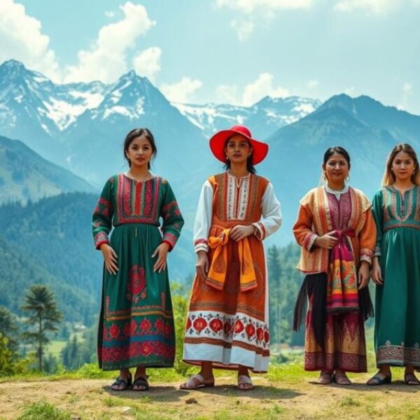 A vibrant scene showcasing traditional KPK dress, featuring intricate embroidery, bold colors, and diverse styles in a picturesque mountainous landscape. Include elements of local culture, such as handcrafted jewelry and traditional footwear, surrounded by lush greenery and majestic peaks. Emphasize the rich textures and patterns of the garments while capturing the essence of KPK heritage in a lively atmosphere.