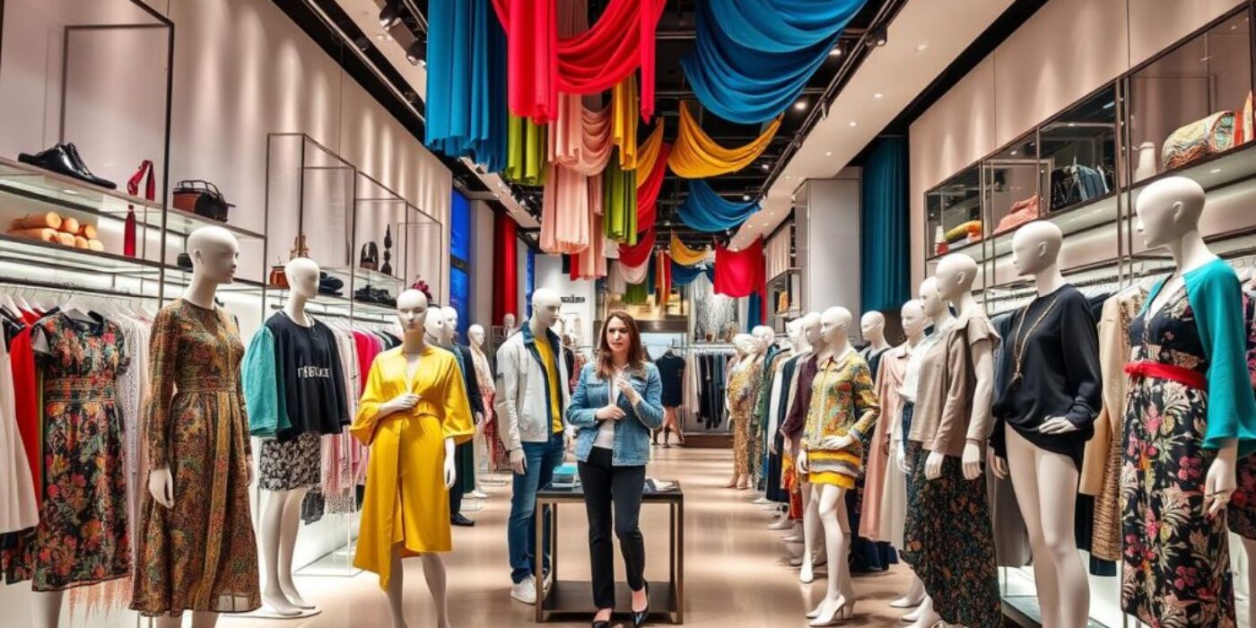 A vibrant fashion scene showcasing diverse clothing styles, featuring a stylish boutique interior with elegant displays, colorful mannequins dressed in trendy outfits, luxurious fabrics hanging from the ceiling, a chic atmosphere with soft lighting and modern decor, reflecting a global fashion influence.