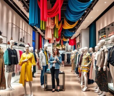 A vibrant fashion scene showcasing diverse clothing styles, featuring a stylish boutique interior with elegant displays, colorful mannequins dressed in trendy outfits, luxurious fabrics hanging from the ceiling, a chic atmosphere with soft lighting and modern decor, reflecting a global fashion influence.