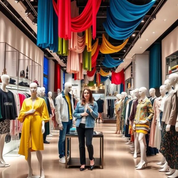 A vibrant fashion scene showcasing diverse clothing styles, featuring a stylish boutique interior with elegant displays, colorful mannequins dressed in trendy outfits, luxurious fabrics hanging from the ceiling, a chic atmosphere with soft lighting and modern decor, reflecting a global fashion influence.