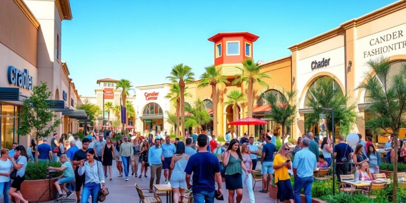 A vibrant and lively scene of the Chandler Fashion Center, showcasing stylish shoppers browsing in an upscale mall environment, with diverse groups enjoying outdoor dining at chic restaurants, surrounded by modern architecture, colorful storefronts, and lush landscaping. Include elements of entertainment such as musicians performing, families playing, and friends taking selfies, all set under a bright blue sky.