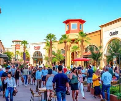 A vibrant and lively scene of the Chandler Fashion Center, showcasing stylish shoppers browsing in an upscale mall environment, with diverse groups enjoying outdoor dining at chic restaurants, surrounded by modern architecture, colorful storefronts, and lush landscaping. Include elements of entertainment such as musicians performing, families playing, and friends taking selfies, all set under a bright blue sky.