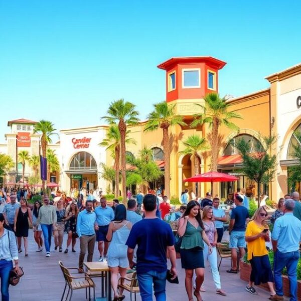 A vibrant and lively scene of the Chandler Fashion Center, showcasing stylish shoppers browsing in an upscale mall environment, with diverse groups enjoying outdoor dining at chic restaurants, surrounded by modern architecture, colorful storefronts, and lush landscaping. Include elements of entertainment such as musicians performing, families playing, and friends taking selfies, all set under a bright blue sky.