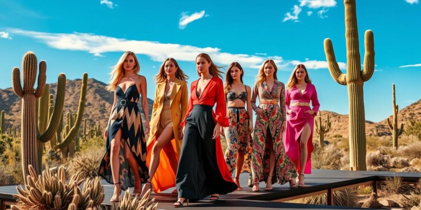 A vibrant runway scene showcasing high-fashion models wearing bold desert-inspired outfits, surrounded by cacti and arid landscapes under a bright blue sky, with elegant lighting highlighting the textures and colors of the clothing, reflecting the luxurious atmosphere of Scottsdale Fashion Week.