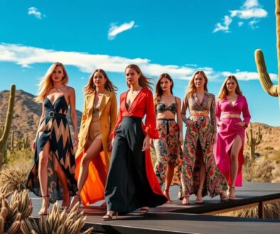 A vibrant runway scene showcasing high-fashion models wearing bold desert-inspired outfits, surrounded by cacti and arid landscapes under a bright blue sky, with elegant lighting highlighting the textures and colors of the clothing, reflecting the luxurious atmosphere of Scottsdale Fashion Week.