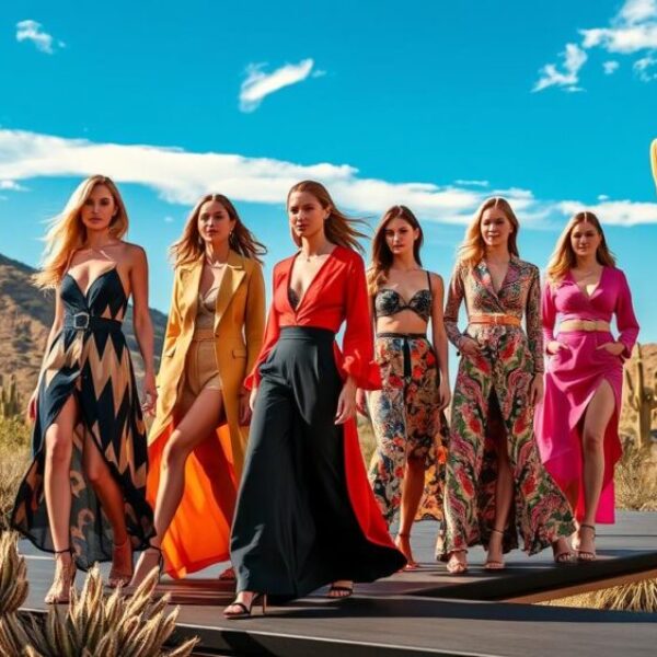 A vibrant runway scene showcasing high-fashion models wearing bold desert-inspired outfits, surrounded by cacti and arid landscapes under a bright blue sky, with elegant lighting highlighting the textures and colors of the clothing, reflecting the luxurious atmosphere of Scottsdale Fashion Week.