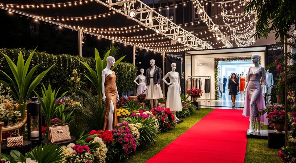 A glamorous fashion event scene, showcasing a stylish outdoor venue illuminated by twinkling fairy lights, elegantly dressed mannequins adorned in cutting-edge haute couture, chic accessories scattered around, lush greenery and vibrant flowers as a backdrop, a red carpet leading into the venue, high-end designer labels displayed prominently, an atmosphere of luxury and celebration.