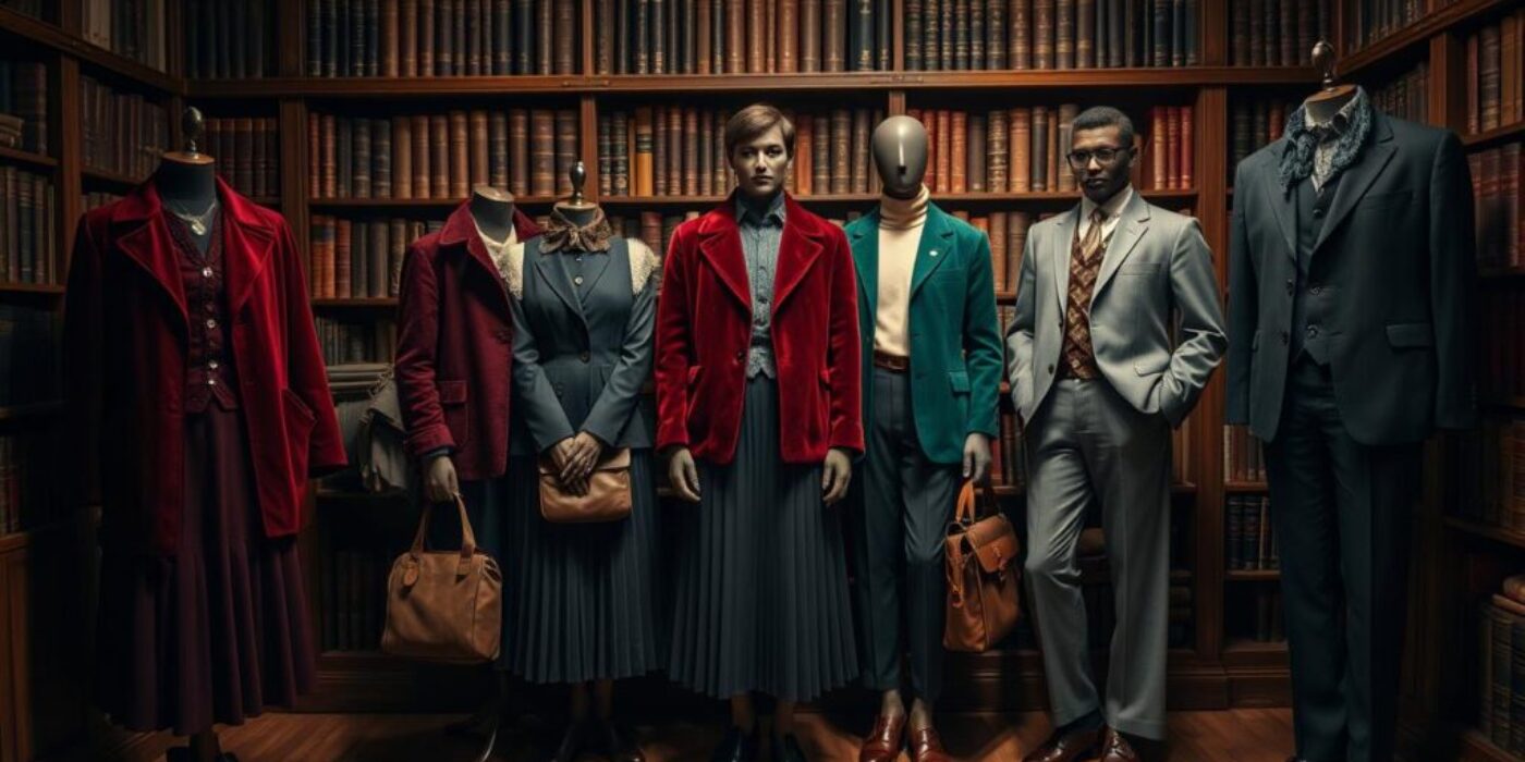 A collection of scholarly vintage outfits displayed in an elegant, dimly-lit library setting, featuring rich fabrics like velvet and wool in deep colors such as burgundy, navy, and forest green. Include elements like oversized blazers, turtlenecks, pleated skirts, and tailored trousers, accessorized with classic leather satchels, round glasses, and antique brooches. Soft shadows and warm lighting enhance the timeless elegance of Dark Academia fashion.