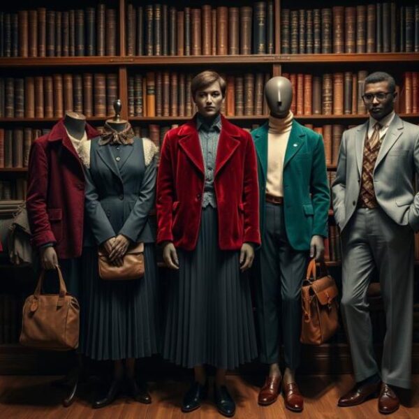 A collection of scholarly vintage outfits displayed in an elegant, dimly-lit library setting, featuring rich fabrics like velvet and wool in deep colors such as burgundy, navy, and forest green. Include elements like oversized blazers, turtlenecks, pleated skirts, and tailored trousers, accessorized with classic leather satchels, round glasses, and antique brooches. Soft shadows and warm lighting enhance the timeless elegance of Dark Academia fashion.